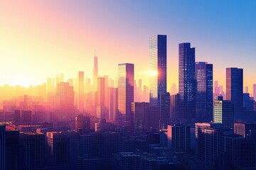 Fototapeta premium Stunning sunset over a modern city skyline, showcasing high-rise buildings and vibrant colors in the sky.