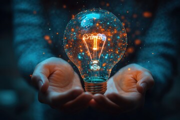 Glowing lightbulb cradled in a man's hands. A sleek symbol of energy and innovation. Perfect for technology and business visuals.