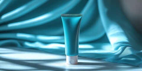 Blue cosmetic tube placed on blue fabric. Elegant and minimal skincare design. Perfect for beauty and wellness-themed banners.