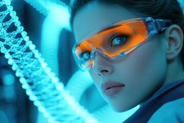 Cybernetic gaze with vibrant DNA in tech landscape