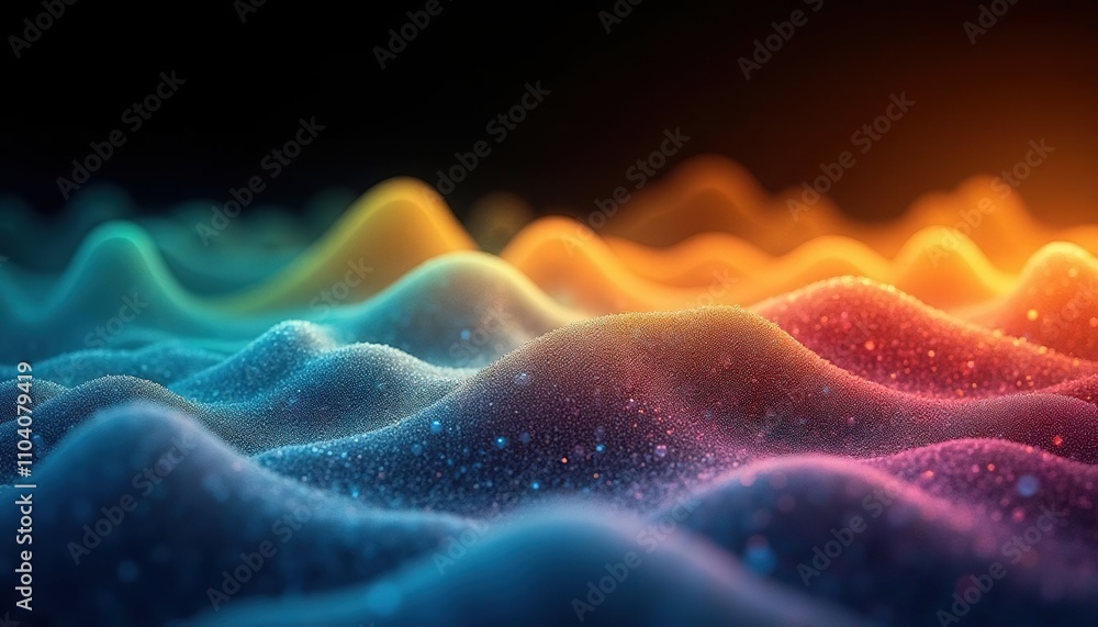 Poster Abstract colorful wave pattern with textured peaks in a dark background, resembling a rainbow landscape