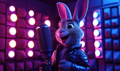 Singing Rabbit in Studio with Microphone and Neon Lights