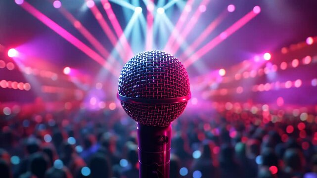 Live concert atmosphere with vibrant lights and microphone in focus at an energetic music event