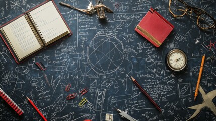 A creative workspace filled with notes, tools, and sketches, suggesting exploration and innovation.