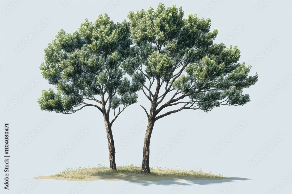 Poster two lush green pine trees standing together on a small patch of grass, creating a serene and tranqui