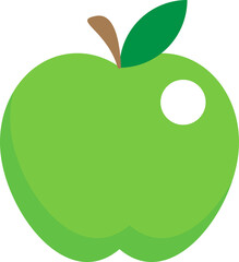Green apple illustration with brown stem, green leaf, and white highlight, showcasing a minimalist design.
