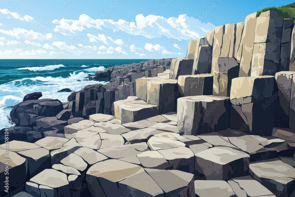 Poster a serene coastal scene featuring angular rock formations and gentle waves under a blue sky filled wi