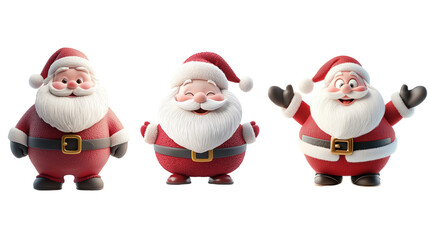 Father Christmas 3d decoration collection, 3 Santa's in a line on a transparent background, for Christmas decor, for media creators or additional graphic content 