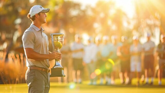 This golfer stands proudly holding a trophy while spectators cheer in the background at dusk.
