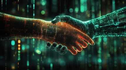 Abstract handshake between orange and green hands