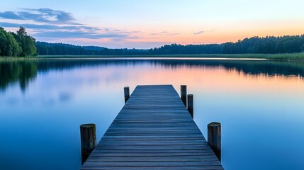 Fototapeta premium A tranquil lakeside view with a wooden dock extending into calm waters at sunset.