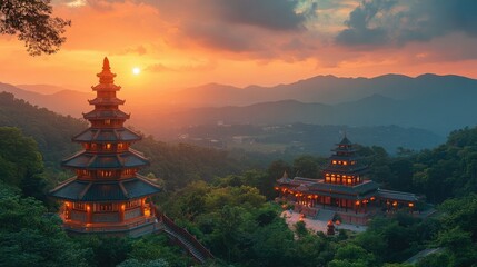 Naklejka premium Serene sunset over traditional pagodas nestled in lush mountains, creating a tranquil atmosphere.