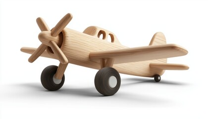 A wooden toy airplane with a classic design, featuring a propeller and wheels, ideal for imaginative play and decoration.