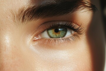 Obraz premium An extreme close-up image focusing on a single eye with greenish hues, emphasized by long lashes and detailed skin texture, capturing a moment of intense observation.