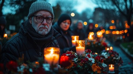 Gathering individuals holding lit candles and flowers solemn vigil All Saints Day creating reflective atmosphere night sky.