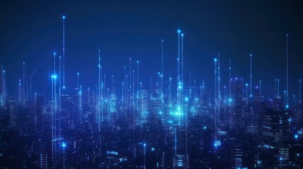 Fototapeta premium Illuminated cityscape with vertical glowing beams.