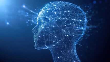 Digital head silhouette made of glowing blue lines