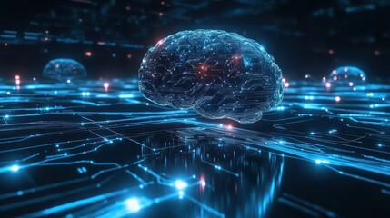 Floating digital brain on a network circuit background