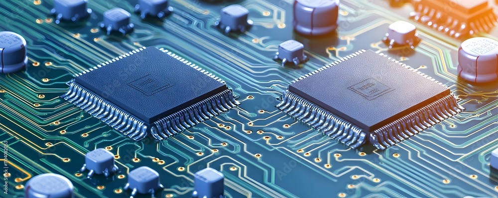 Poster symmetrical processing chips on circuit board - high-tech minimalism with detailed circuitry soft li