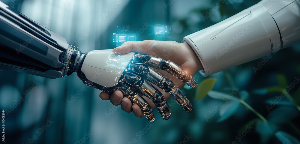 Poster human-robot handshake symbolizing ai and machine learning in business transformation