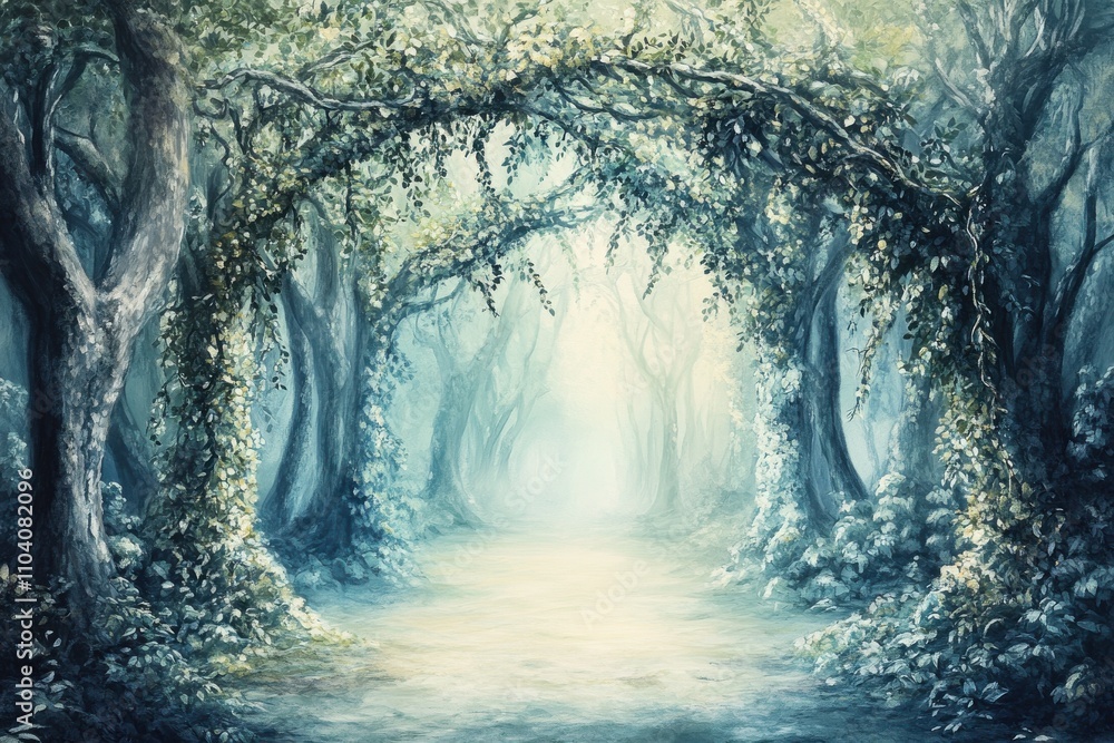 Poster a mystical forest pathway shrouded in soft light, inviting exploration and wonder in a serene atmosp
