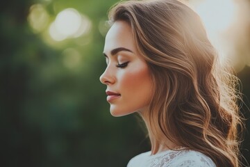 Naklejka premium A peaceful close-up profile of a woman with closed eyes and gently curled hair, standing against a lush green background, capturing tranquility and beauty.