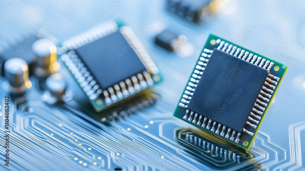 Poster intricate circuitry close-up - detailed view of two chips on a circuit board with gentle lighting an