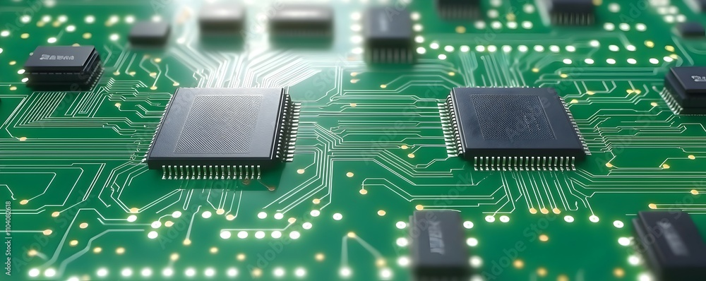 Poster intricate circuit board with prominent chips and electronic elements - detailed green board design w