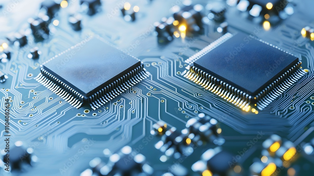 Poster intricate microchips on circuit board - vivid detail of wiring and resistors under soft lighting min