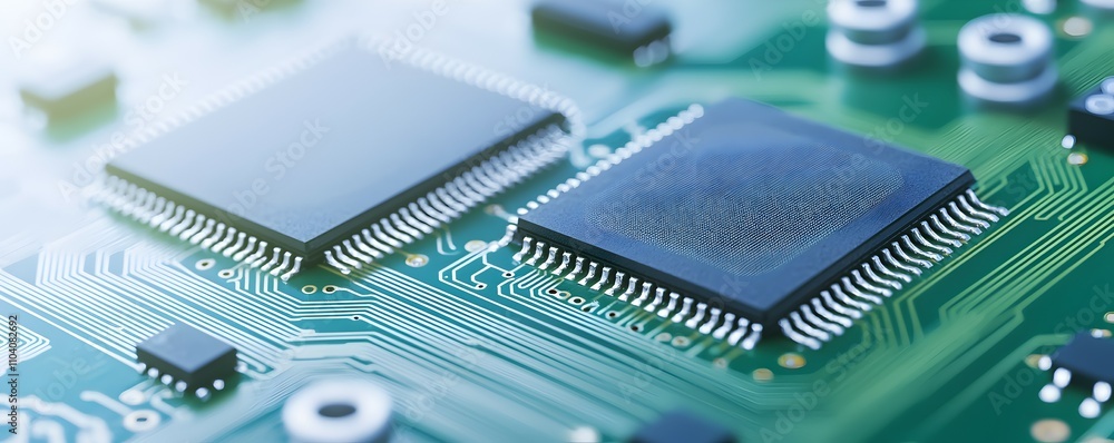 Poster close-up of semiconductor chips on pcb - highly detailed image of metal contacts and surrounding com