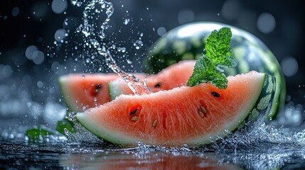 Here's a  and keyword list for your stock photo.. Refreshing watermelon slices splashed with water, garnished with mint.