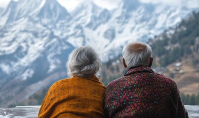 Elderly Couple Enjoying Mountain View in Winter