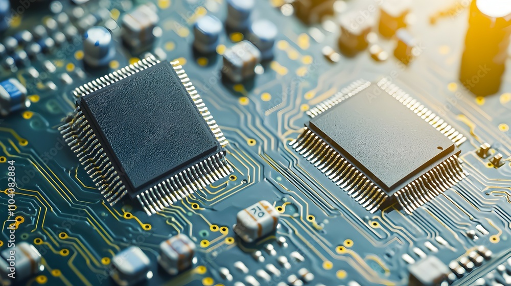 Poster intricate circuit board close-up - detailed view of two chips with conductive pathways and metal pin