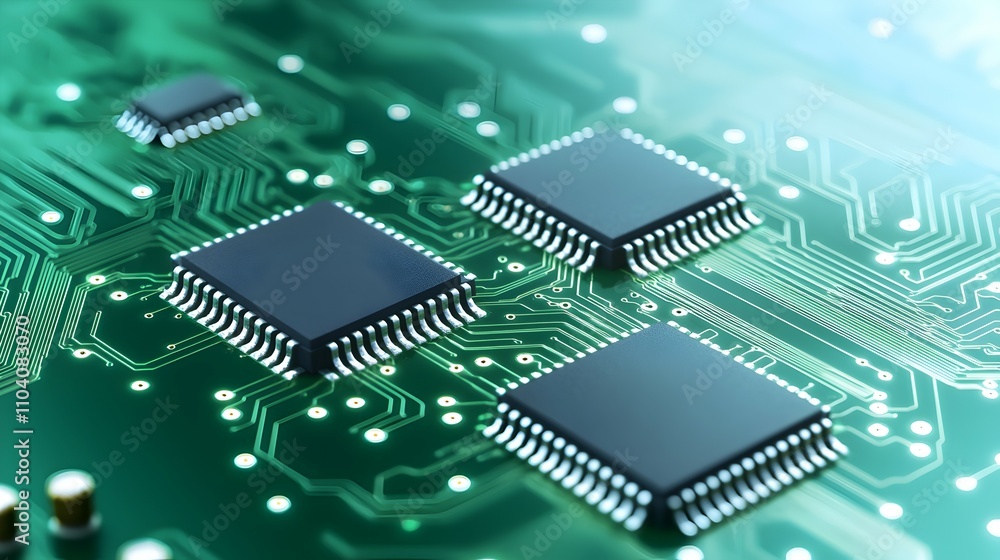 Poster intricate pcb design with three chips and metallic connections - close-up of minimalistic electronic