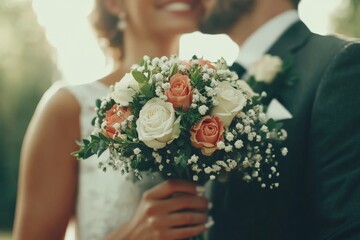 A joyful wedding couple embrace, showcasing a stunning flower bouquet filled with diverse blooms, representing the beauty and diversity of love and commitment.