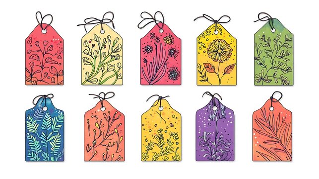 Set of whimsical, doodle-inspired tags with vibrant color schemes