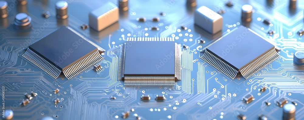 Poster intricate close-up of integrated chips on circuit board - metallic connectors and components in soft