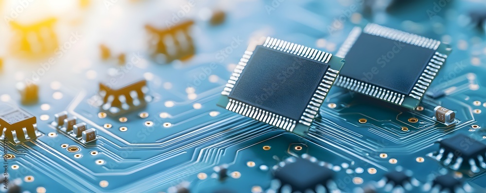 Poster close-up of integrated chips on circuit board - detailed metallic connectors and components in soft 