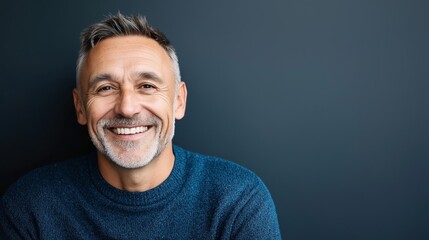 Obraz premium Portrait of a middle-aged man with a gray beard and short hair smiling against a dark background while wearing a blue sweater