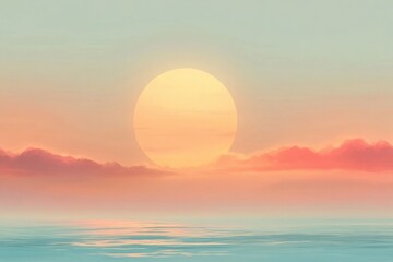 Fototapeta premium A serene landscape at sunset showcasing a large sun setting over calm waters with pastel-colored clouds.