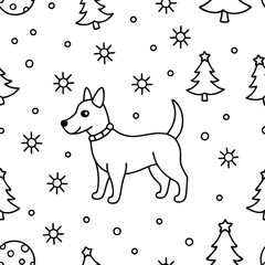 Obraz premium Playful Puppy with Christmas Trees, Snowflakes, and Stars in a Seasonal Holiday Pattern for Pet Lovers