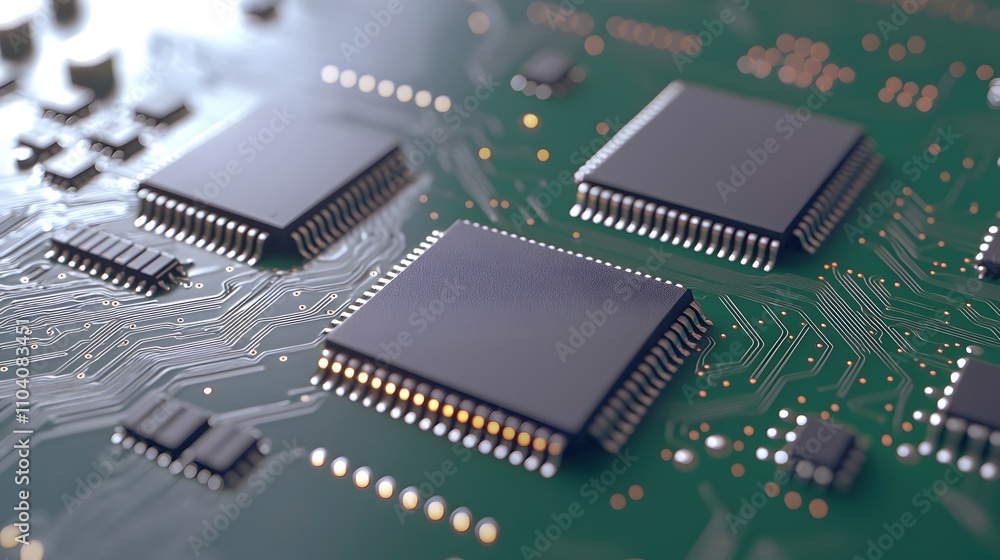 Poster intricate circuit board close-up - three chips with detailed pathways and connectors on a green base