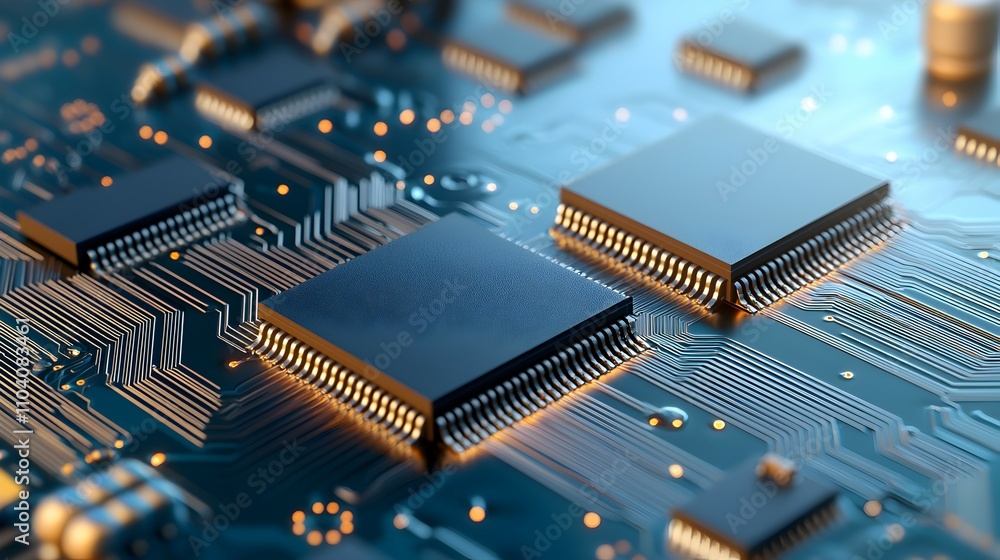 Poster intricate circuit board close-up - three processors with detailed metal pathways and connectors show