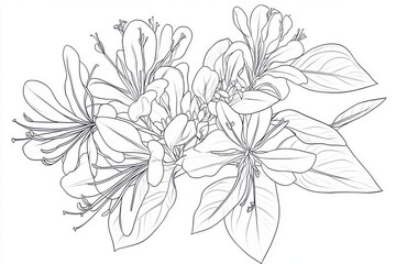 A detailed line drawing of blooming flowers with intricate petals and leaves, showcasing botanical beauty.