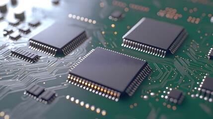 Obraz premium Intricate Circuit Board Close-Up - Three Chips with Detailed Pathways and Connectors on a Green Base Subtle Metallic Lighting Minimalist Aesthetic Perfect for Tech and Electronics