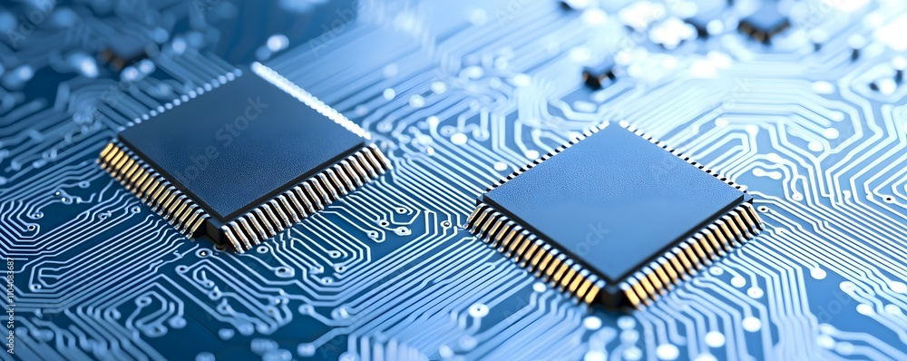 Poster close-up of integrated chips on circuit board - detailed metallic pins and etched pathways with ambi