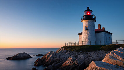 Lighthouse beacon illuminates rugged shoreline at early dawn