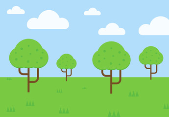 Cartoon landscape with a green field, four trees, blue sky, and white clouds, showcasing minimalistic design.
