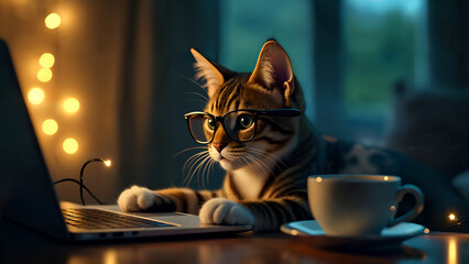 Cozy Cat with Glasses Working on Laptop at Night