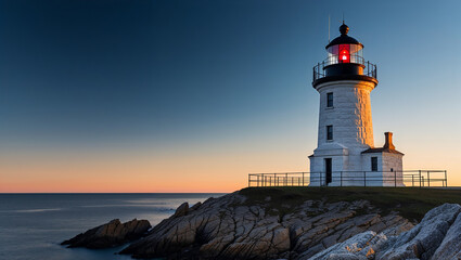 Dusk falls over lighthouse standing sentinel on rocky cliff